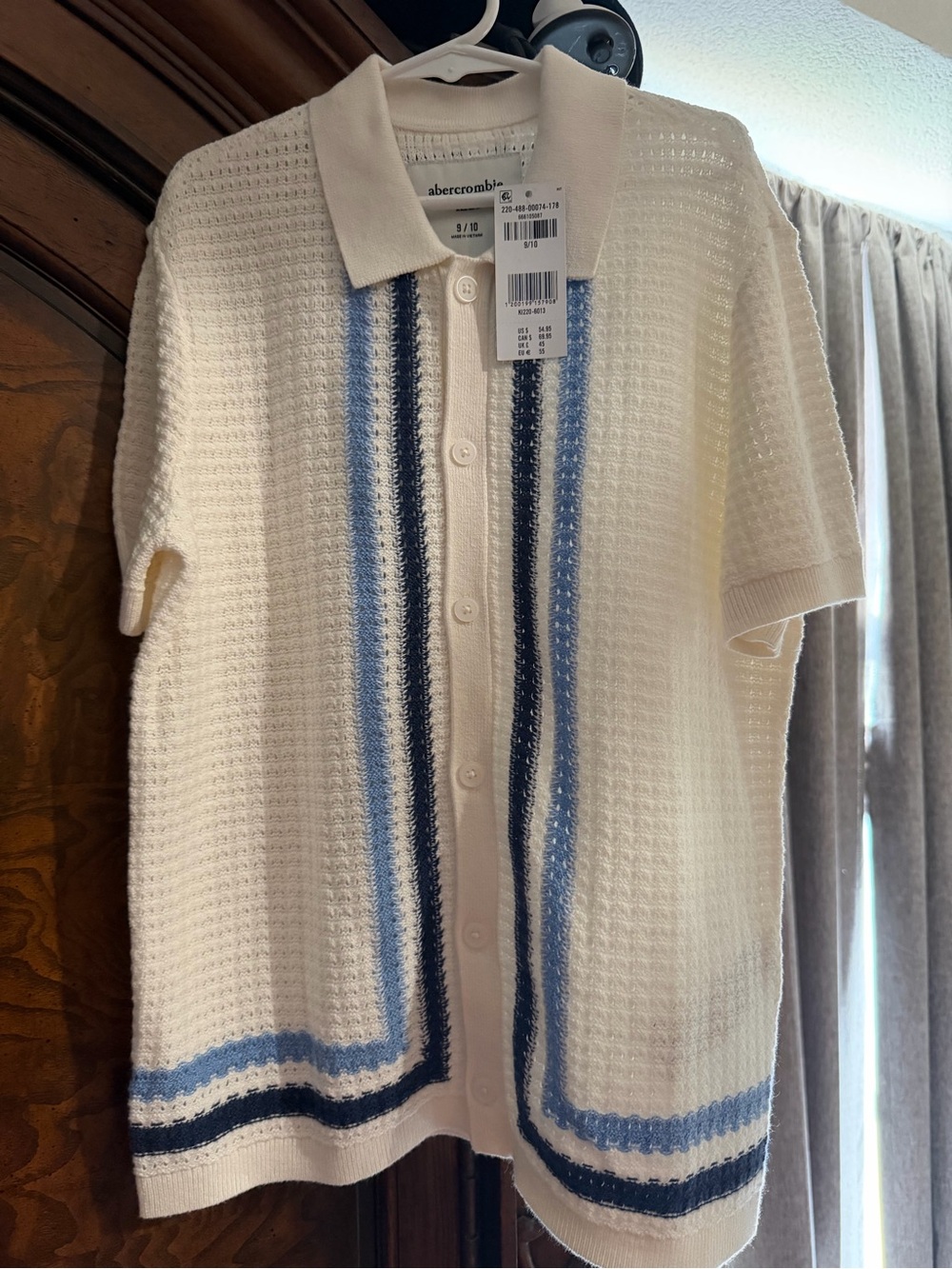 abercrombie kids Cream Short-Sleeve Button Cardigan with Blue Stripes